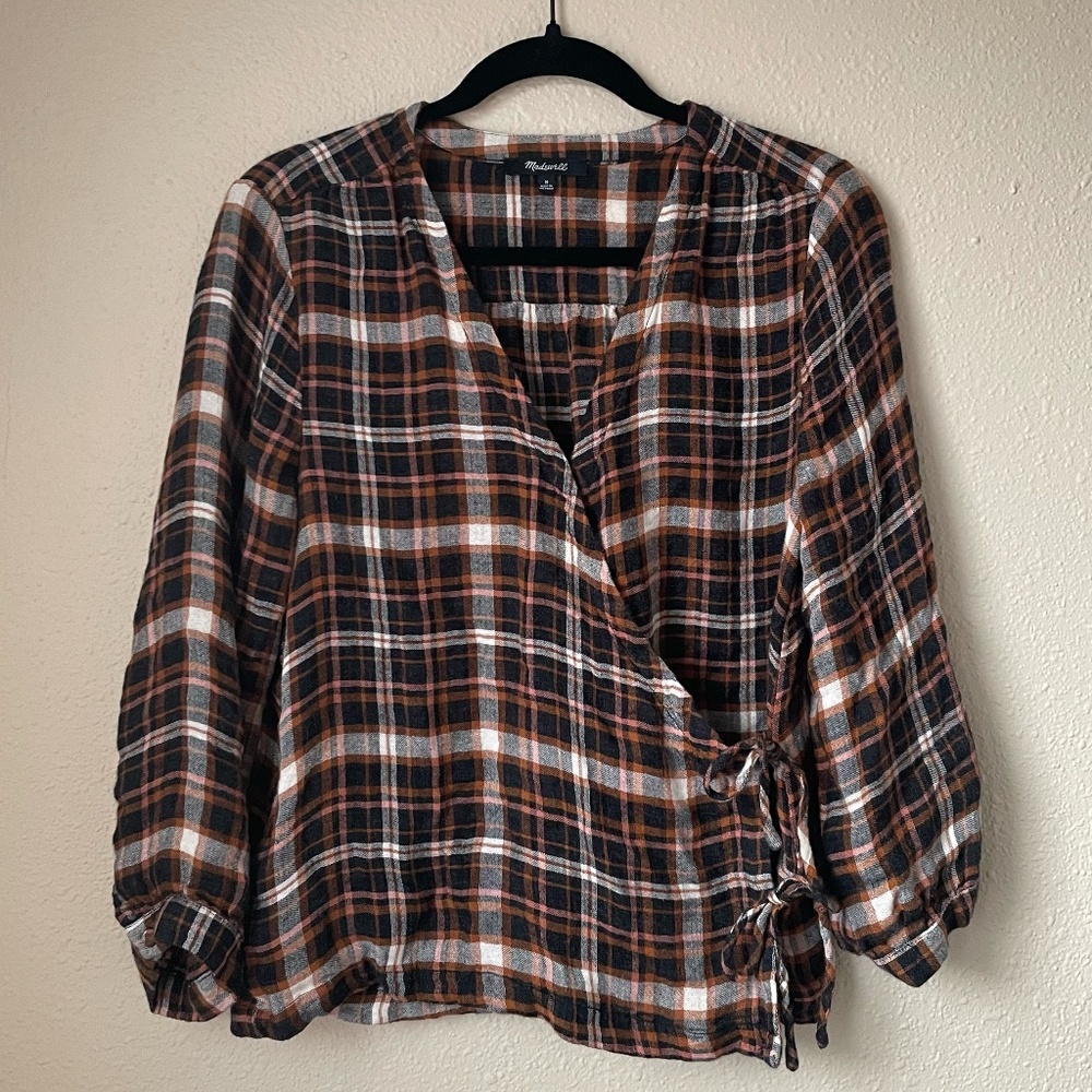 Madewell Brown Plaid Gauze Double-Tie Wrap Top Size Medium